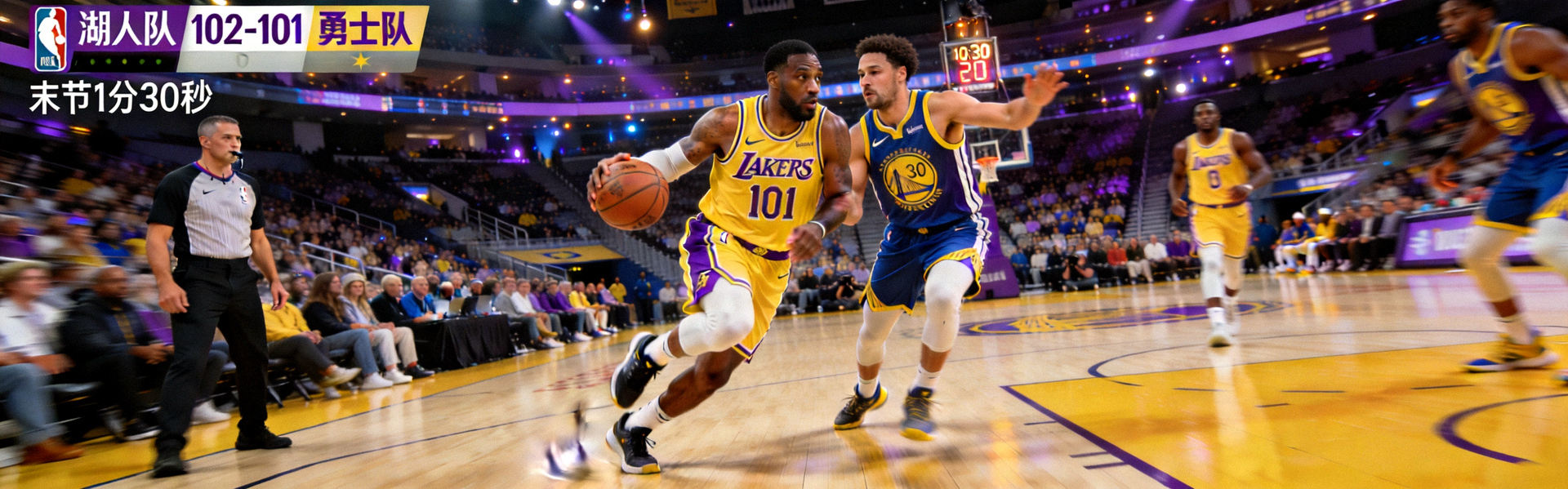NBA季后赛湖人队对阵勇士队比分焦灼，第四节决战时刻